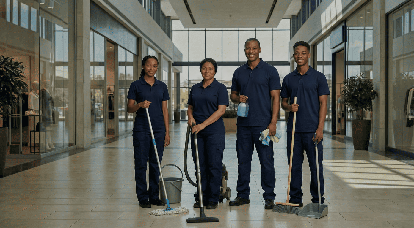 The Blue Gloves Specialists cleaning team in navy uniforms with mops, a vacuum and brooms in a bright commercial lobby