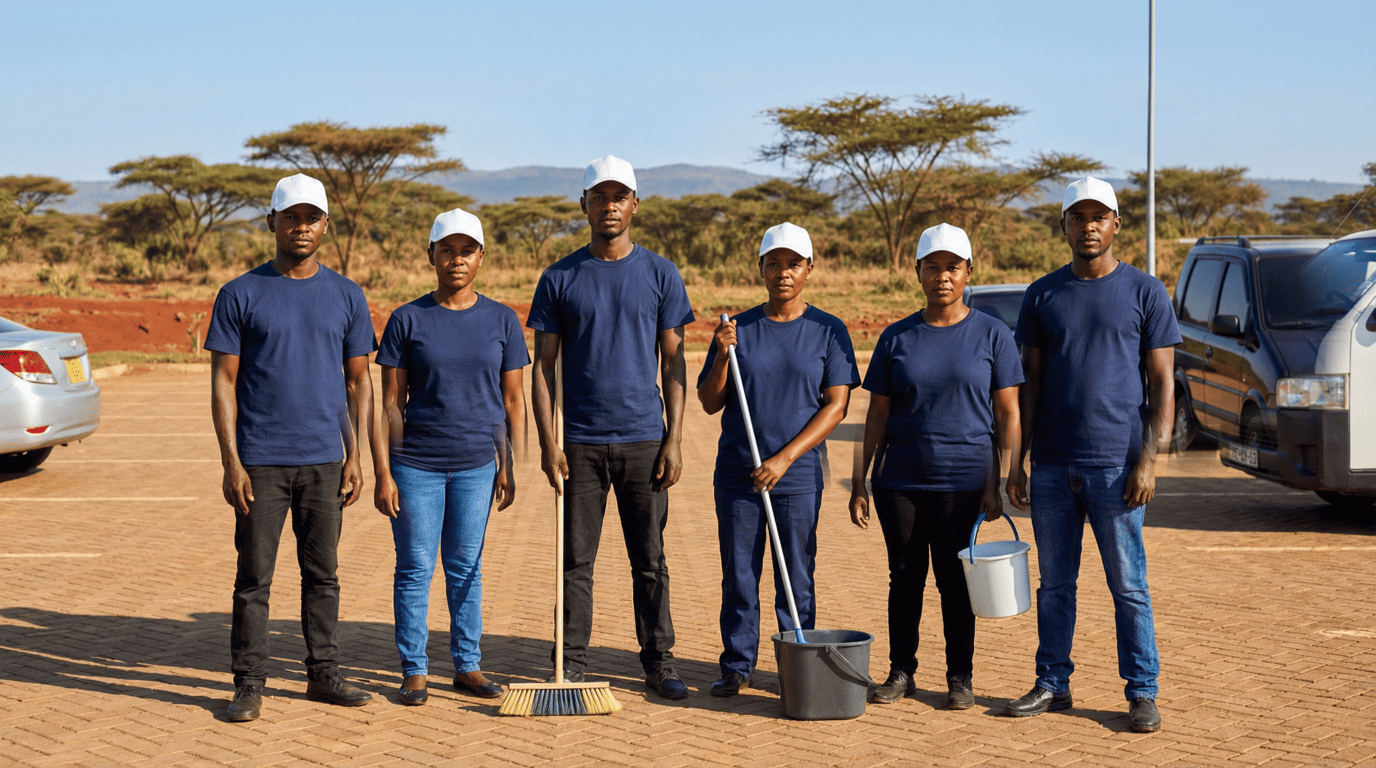 Blue Gloves Specialists staff in navy uniforms and caps standing with mops and buckets outside a Kenyan site