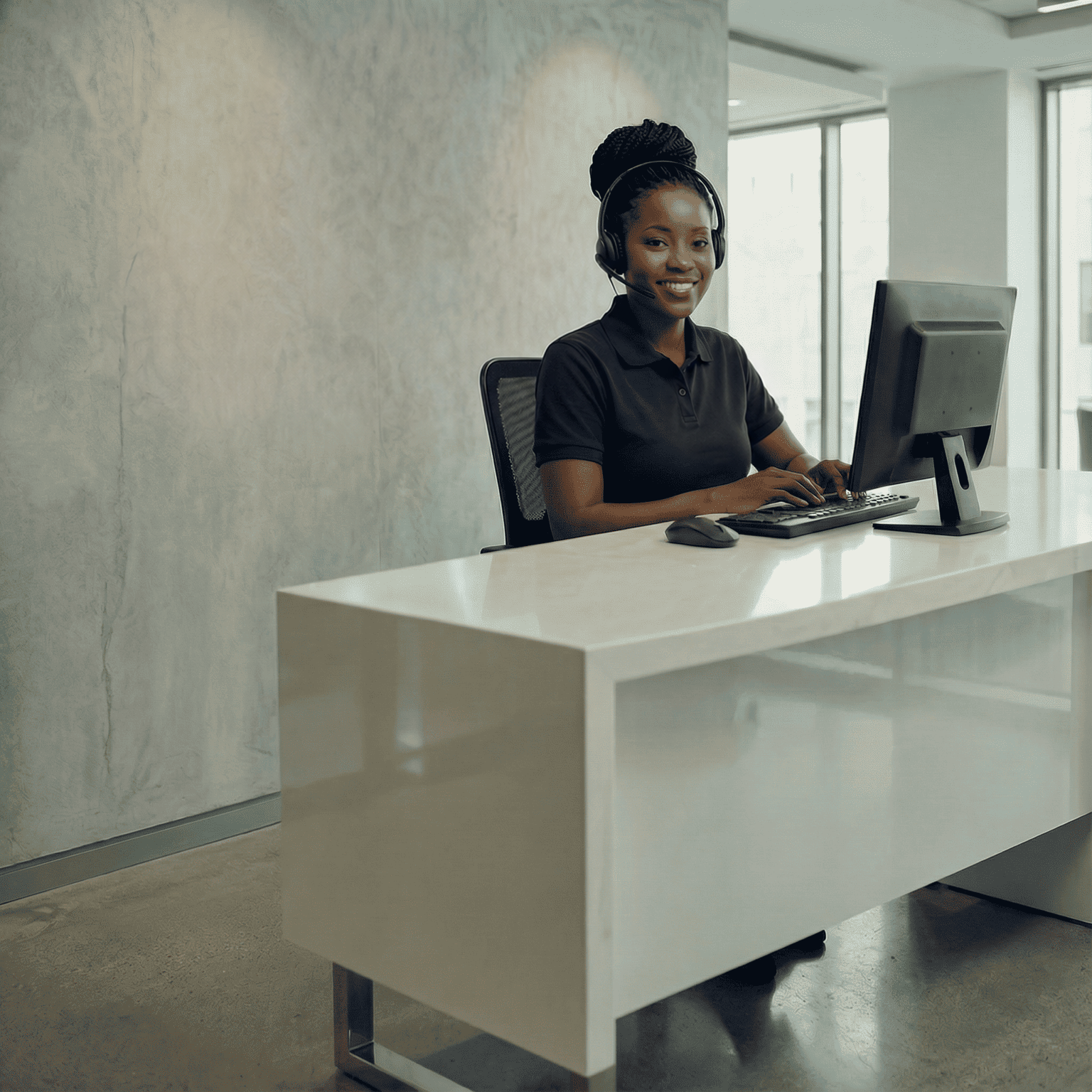Smiling receptionist at a spotless white office reception desk cleaned by Blue Gloves Specialists