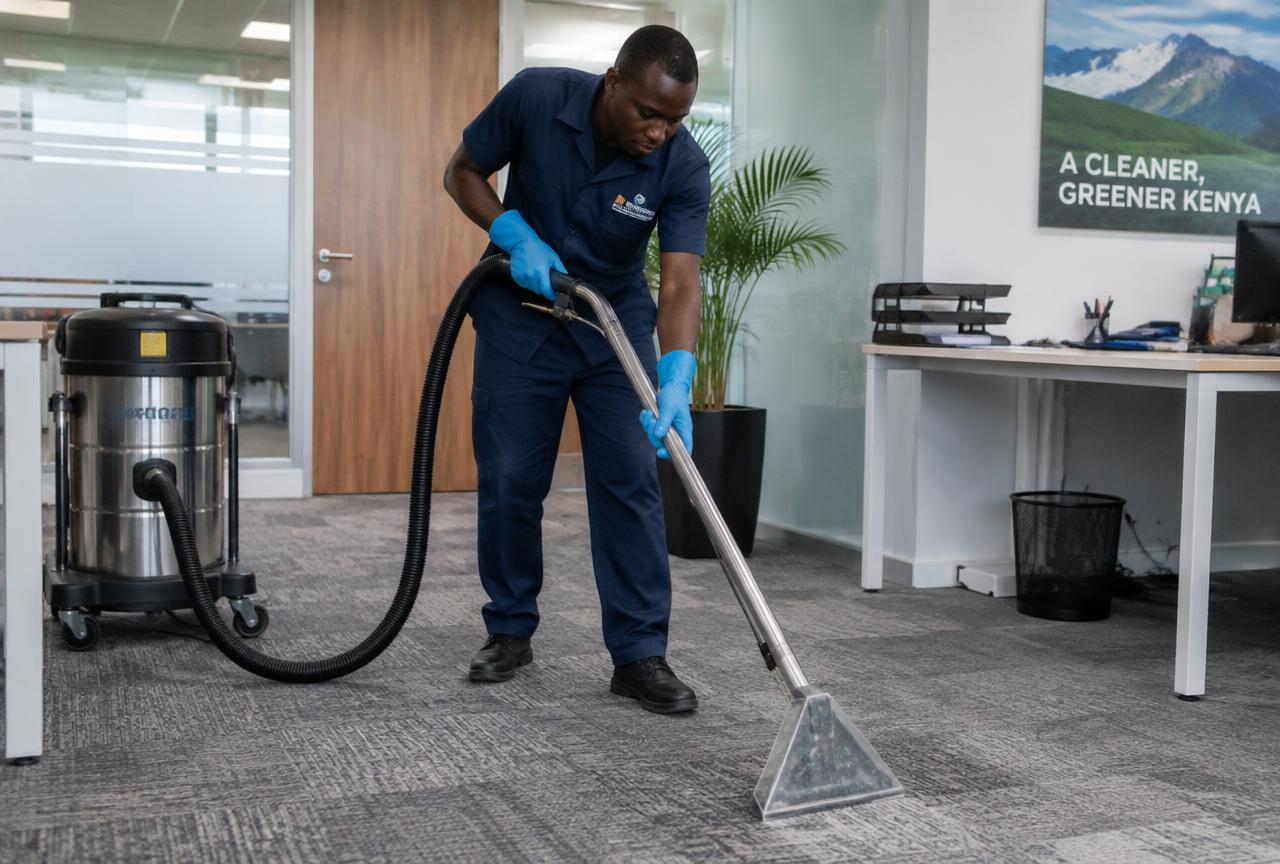 Technician in navy uniform and blue gloves deep cleaning an office carpet with a hot-water extraction machine