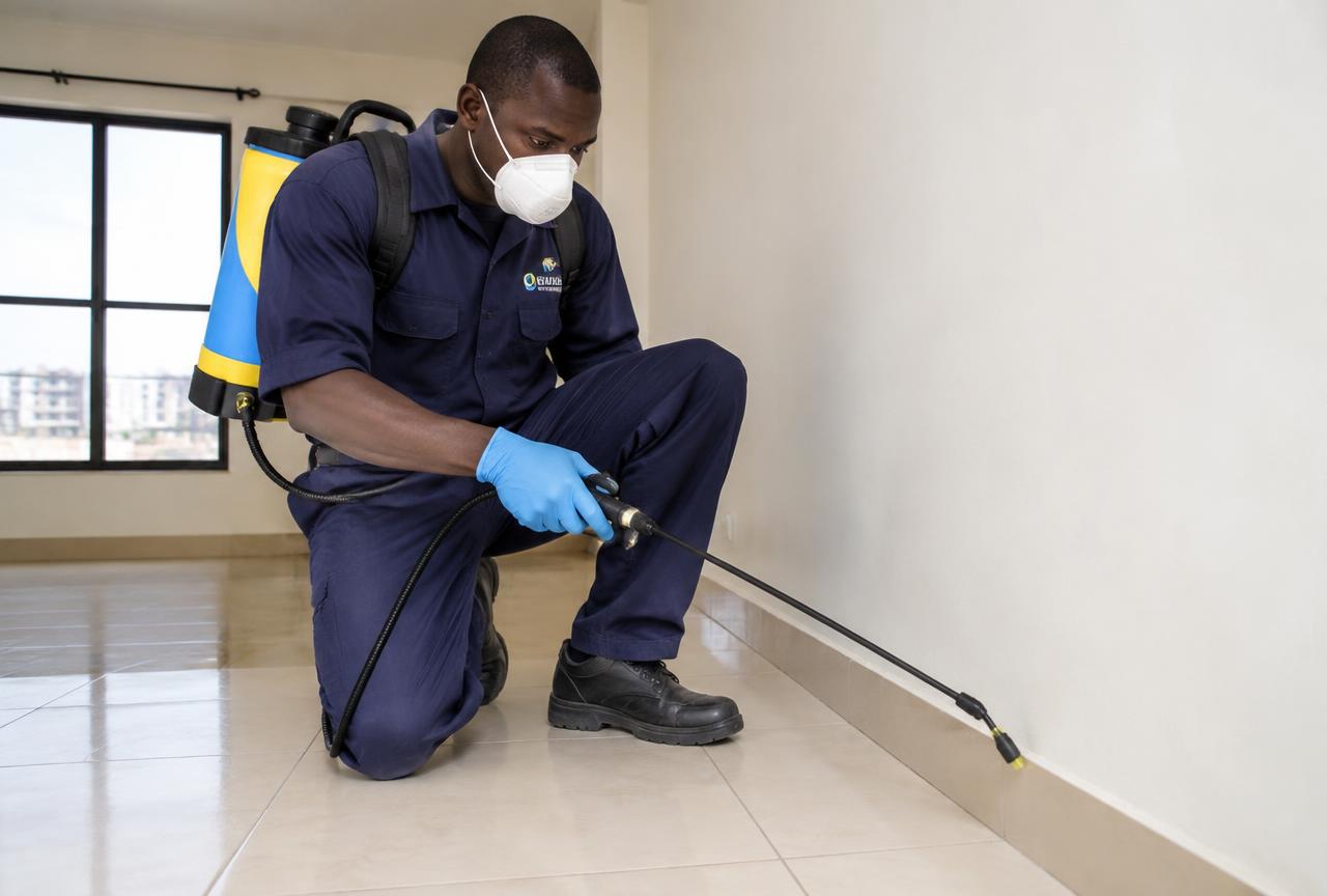 Fumigation technician in navy uniform, mask and blue gloves spraying along the skirting board of an empty apartment