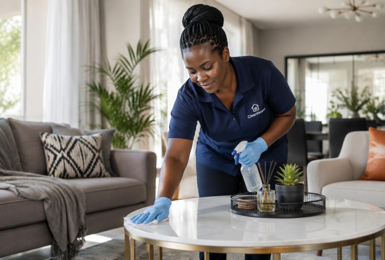Blue Gloves Specialists cleaner in a navy uniform and blue gloves wiping a coffee table in a bright Kenyan living room