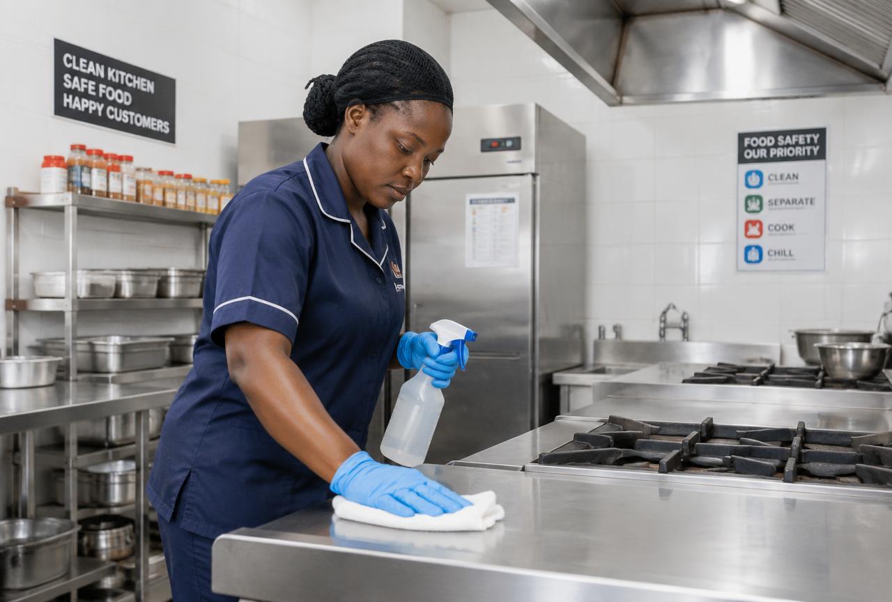 Cleaner in navy uniform and blue gloves wiping a stainless steel counter in a commercial kitchen